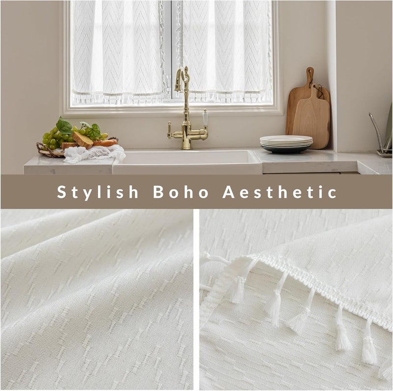 VOILYBIRD Kitchen Window Curtains Over Sink 45 Inch Length Boho Tassel Tiers Cafe Curtains Zigzag Design, 2 Panels, White - Image 4